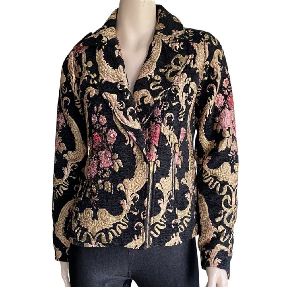 Hillary Radley  Katherine Barclay Brocade Tapestry Floral Floral Moto Jacket Sm